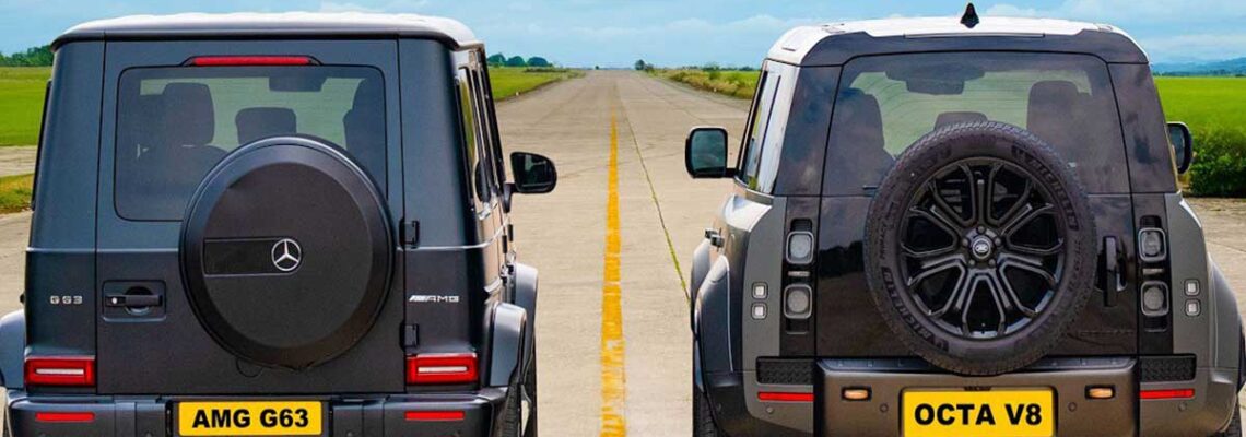 درگ مرسدس G63 با لندروور دیفندر اوکتا، قویترین شاسیبلندهای آفرود