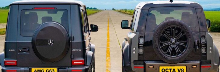 درگ مرسدس G63 با لندروور دیفندر اوکتا، قوی‌ترین شاسی‌بلندهای آفرود